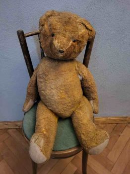 großer Teddy Holzwolle alt Gelb, Dachbodenfund Nachlass