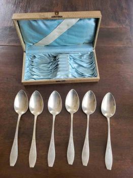 altes 6er Set Suppenlöffel Alpacca Besteck 21,5 cm mit Etui Jugendstil