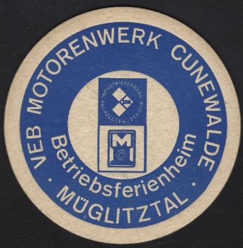 Bierdeckel vom VEB Motorenwerk Cunewald aus dem Müglitztal