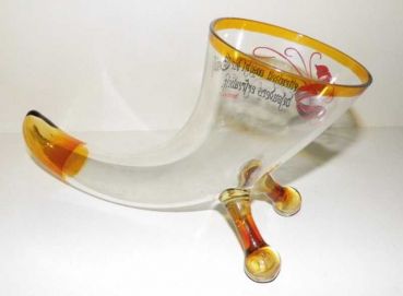 dekoratives Glashorn, Trinkhorn mit Spruch