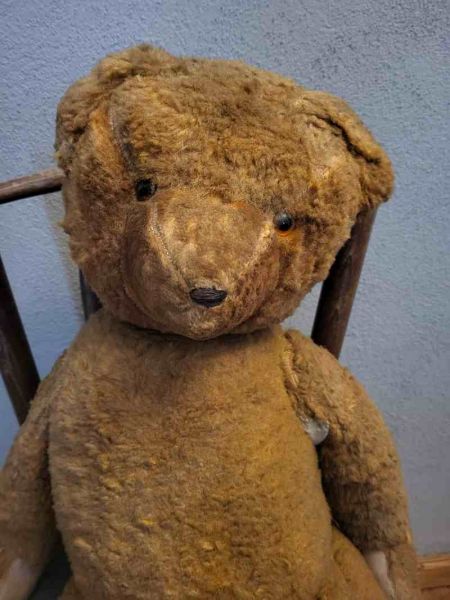 großer Teddy Holzwolle alt Gelb, Dachbodenfund Nachlass