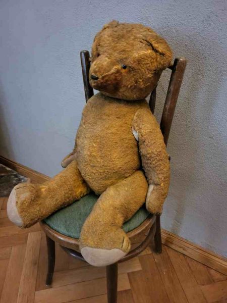 großer Teddy Holzwolle alt Gelb, Dachbodenfund Nachlass