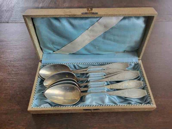 altes 6er Set Suppenlöffel Alpacca Besteck 21,5 cm mit Etui Jugendstil