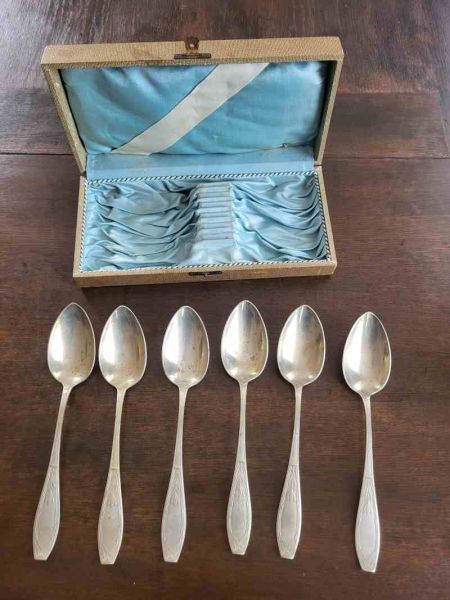 altes 6er Set Suppenlöffel Alpacca Besteck 21,5 cm mit Etui Jugendstil