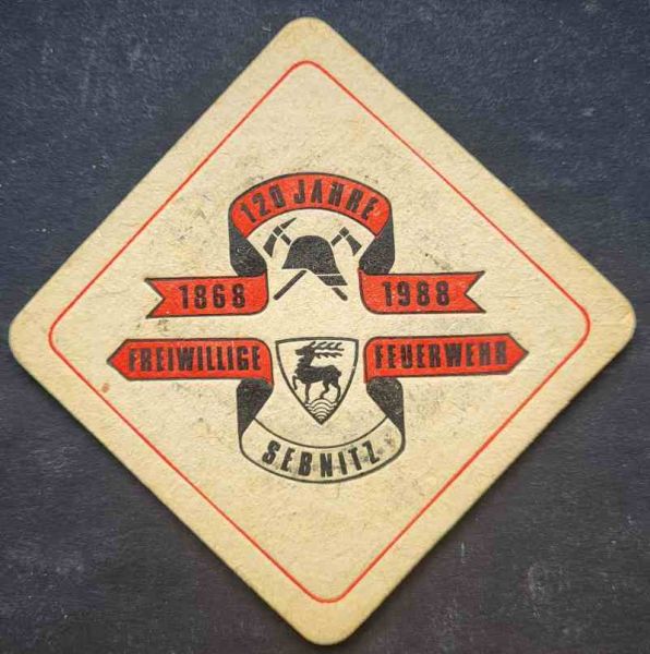 Bierdeckel aus Sebnitz / 120 Jahre freiwillige Feuerwehr, 1868 - 1988
